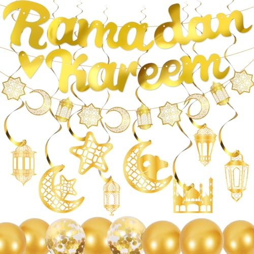 iZoeL Decoration Ramadan 2026 - Gold Guirlande Banderole Ballon Décorations Suspendues, Ramadan Kareem Decoration pour Maison Restaurant Jardin