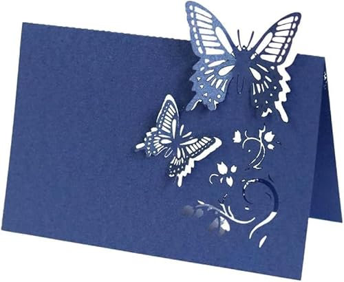 Codulu Tarjeta de lugar de mesa, tarjetas de asiento con diseño de mariposa hueca, para decoración de ramos, suministros de fiesta, color azul oscuro, 10 unidades