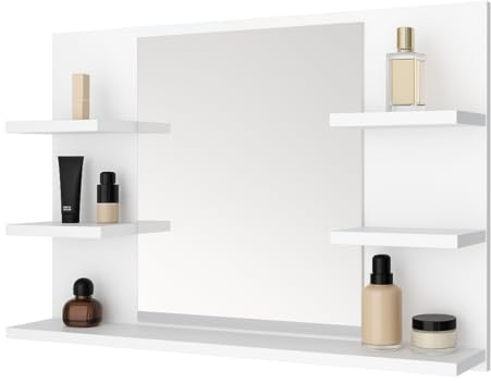FreshYou Badspiegel mit 5 Ablagen Badezimmerspiegel Spiegel Regal Wandspiegel Hängespiegel Badmöbel Spiegel Flurspiegel für Schlafzimmer für Badezimmer Weiß 80X50