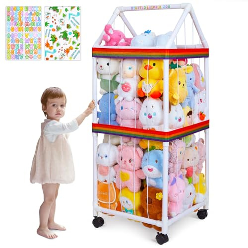 MHJY Kuscheltier-Aufbewahrung Zoo mit Rollen, Stofftier Aufbewahrungsbox aus PVC, Großes Plüschtier-Regal mit Gummibändern, Spielzeug Organizer für Kinderzimmer, Schlafzimmer & Kindergarten Deko