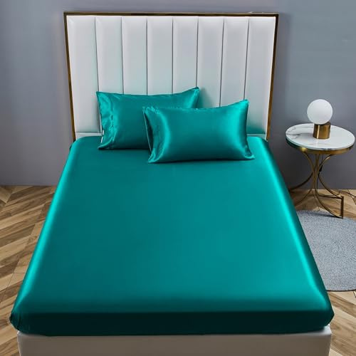YASMENG Drap Housse 180x200 Satin Turquoise Uni Bonnet 30 cm Soyeux Brillant Luxe Soie Drap de lit en Satin de Soie Polyester Douce Lisse Respirant pour Matelas Épais
