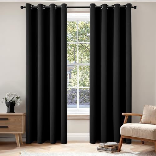 EMEMA Verdunklungsvorhänge mit Ösen 2er Set 140x225cm Schwarz Gardinen | Blickdicht Vorhänge mit Ösen 225CM Lang bdunkelnde Thermovorhang für Wohnzimmer Schlafzimmer Ösenvorhänge H225xB140CM
