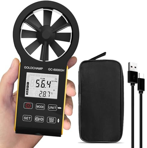 Digital Anemometer, CFM Rechargeable & Waterproof Anemometer Measures Wind Speed(0.3~30m/s), Air Volume(0-999900 ft3/min) with Touch Screen, Backlight Display for HVAC, Shooting, GOLDCHAMP