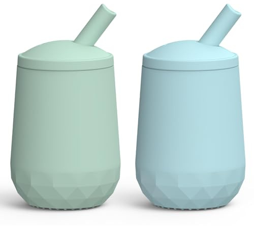 2er-Pack Strohhalmbecher mit Strohhalm aus Silikon, Seposeve Trinklernbecher ab 6 Monate +, Auslaufsicherer Kleinkindbecher mit Strohhalm 12–24 Monate, Leicht zu halten, Durchflusskontrolle, Grün Blau