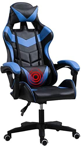 Chaise de jeu ergonomique avec dossier haut réglable et support lombaire et appui-tête - Design multifonction - Noir et bleu (rose et blanc)