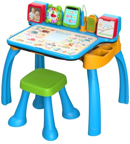 VTech - Escritorio Multiactividades 6 en 1 ¡CREA y Aprende! Centro Educativo Interactivo, Juguete Niños +3 Años, Pizarra, Música, Bloc de Notas, Tablet y Taburete, Letras, Números, Versión ESP