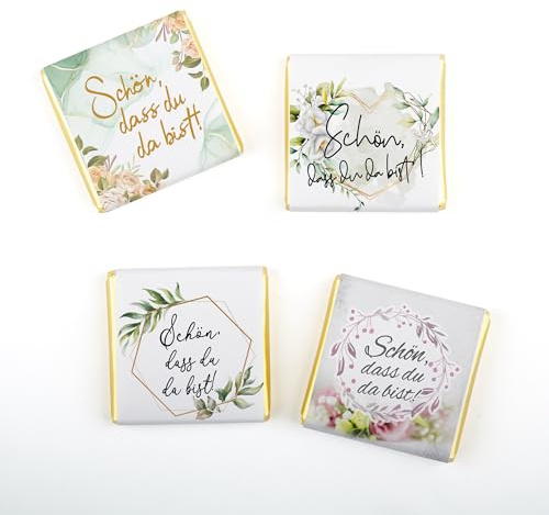 Neapolitanische Schokolade Geschenk – Schön, dass du da bist! – 16 Design-Varianten – Pralinen – Design wählbar – 50 Stück – 350g – Gastgeschenk für Hochzeit, Geburt, Events – Milchschokolade