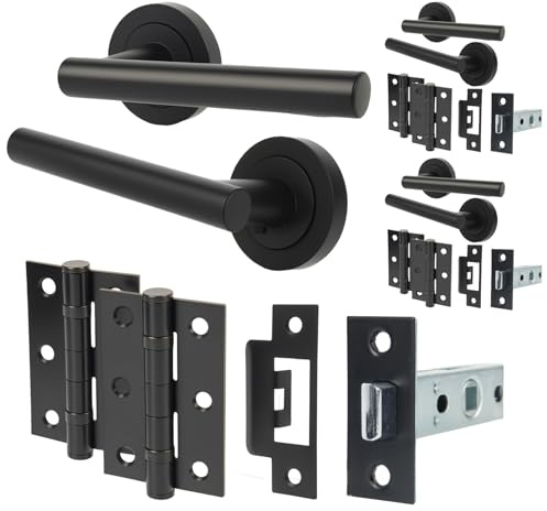 HARDHAWK Modern Door Handle Set with Hinges, Matte Black T-Bar Lever Handles, Complete Installation Hardware Kit