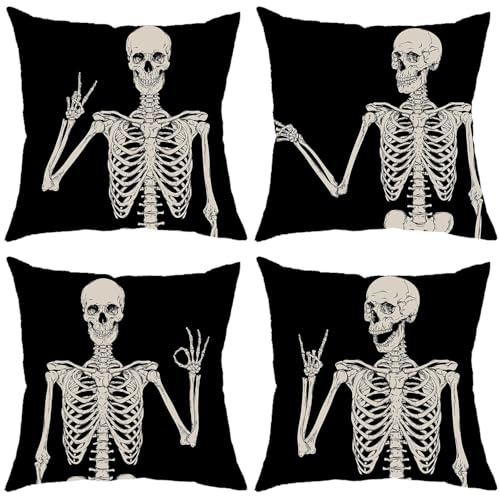 4-pack gotiska kuddfodral med skelettben 40x40 cm - Halloween-örngott för soffa, vardagsrum, sovrumsinredning