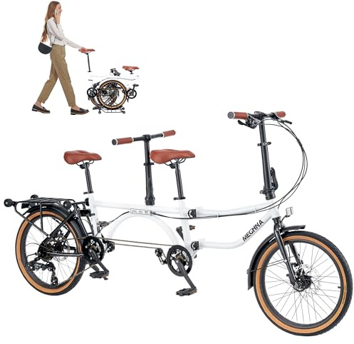 Heavy Duty 20 Inch 7 Speeds Folding Tandem Bike for Adults–2-Seater Foldable Double Bike Folding Tandem Beach Cruise Bike with Child Seat,2 Seats for Parent-Child Couple, 2 Colors (Pearl White)