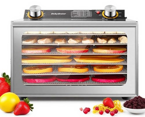 Secador De Carne y Frutas Profesional 800W Con Bandejas De Acero Inoxidable, Control Preciso Temperatura 30–90°C, Temporizador 12h, Deshidratador Verduras, Hierbas y Snacks Mascotas(6Layers)