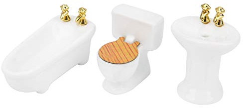 HETHLIF Minimöbel för Dockskåp, Dockskåpsmöbelset Dockhustillbehör 1/24 Dockhusbadrumsset 3st Dollhouse Porslin Badrumsset Simulering Keramiskt Badkar Toalett (Ren vit)