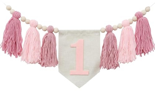 1st Birthday High Chair Banner, Handmade Boho High Chair Banner, Wall Hangings Garland, Birthday Decoration, 1 Year Party Decoration for Girls, Boys, Baby Foam (Pink)