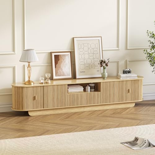 SVEYLXA Meuble TV tambour 175 cm pour 55-75 pouces, moderne avec grand espace de rangement & étagères ouvertes, bas avec portes coulissantes pour salon, chambre, Naturel