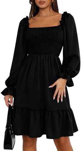 Remxi Women Square Neck Smocked Dress Causal Lantern Long Sleeve High Waist A Line Flowy Mini Dresses Black S