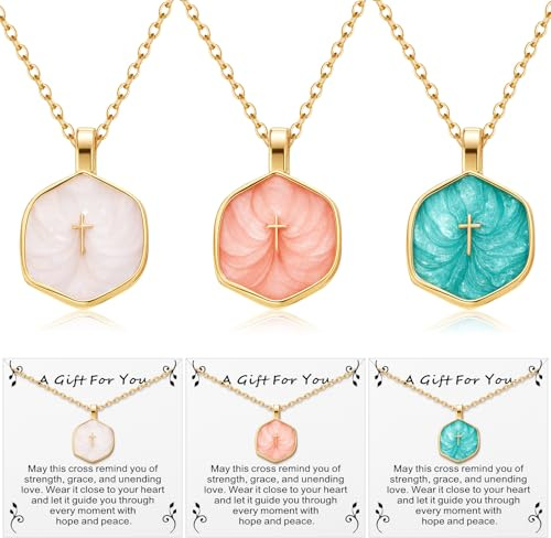 Sureio 3 Pcs Cross Necklace for Women Dainty 14k Gold Plated Cross Charm Necklace Gifts for Mother's Day, Baptism, First Communion (White,Pink and Light Blue)