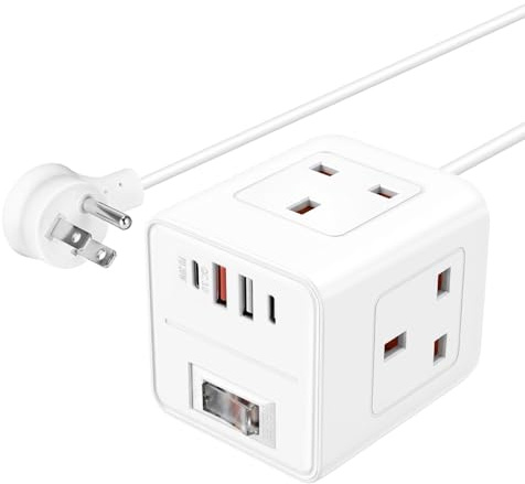 UK to US Plug Adapter,SHUOMAO 3 Way UK to USA Plug Adaptor with 4 USB | (PD 20W/QC 3.0),Cube American Travel Adapter with 1.5M Extension Lead for US Canada Mexico Thailand Philippines Peru(Type B)