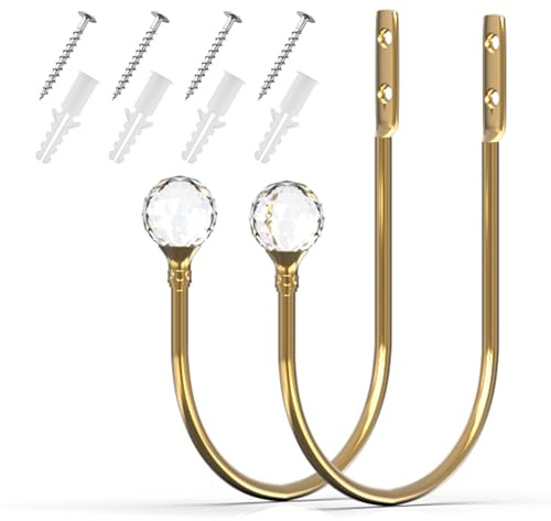 Shackcom 2 Piezas Ganchos para Cortinas con Cristal Brillante, Soportes Dorados de Pared, Sujetadores Decorativos Metálicos para el Hogar