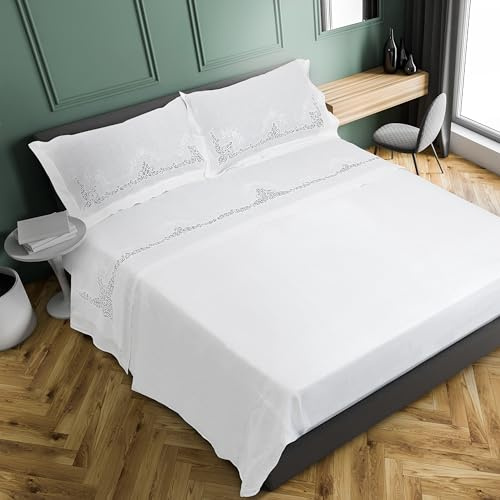 Zenoni&Colombi Parure Lenzuola Matrimoniale 2 Piazze King Size ricamata a mano Pizzo Cantù in 100% Lino finissimo Made in Italy
