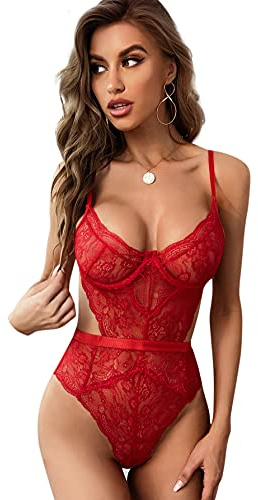 EVELIFE Body Femme Dentelle Sexy Teddy Lingerie Col V Dos Nu sous-Vêtements De Nuit (Rouge, L)