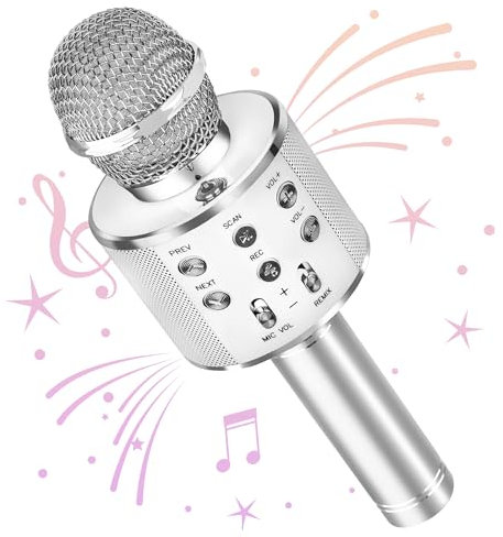 Wowstar Wireless Microphone, Karaoke Bluetooth Microphone for Kids Adults, Portable Toy Karaoke Mic Speaker Machine, Home KTV Player Support Android & iOS Devices for Party Singing (Silver)