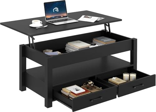 Rolanstar Coffee Table, 47.2 Lift Top Coffee Table with Drawers and Hidden Compartment, Retro Central Table with Wooden Lift Tabletop, for Living Room,Black