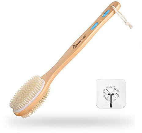 Hanstock Back Scrubber, 43cm Long Wooden Double-Sided Shower Body Brush with Soft Bristles For Sensitive Skin and Stiff Bristles for Exfoliating Skin