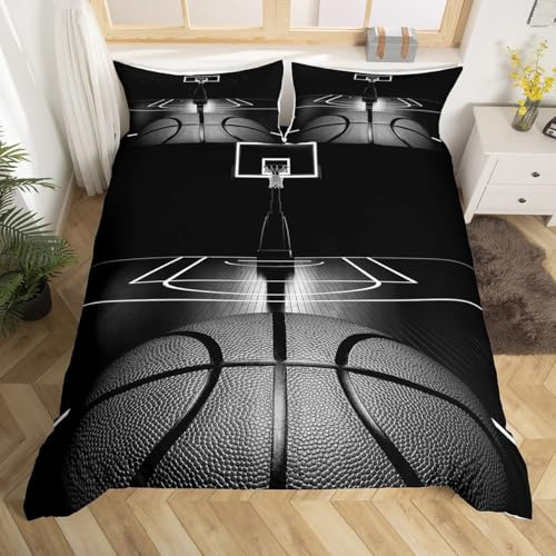 3D Cool Basketball Duvet Cover Queen for Boys Girls Kids Black Basketball Court Bedding Set Sports Games Theme Comforter Cover Child White Lights Decor Bedspread Quilt Cover for Dorm Room,Soft,Zipper
