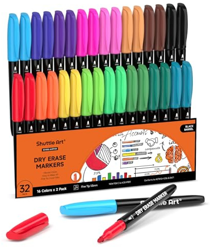 Shuttle Art Dry Erase Markers, 32 Pack 16 Colors Whiteboard Markers,Fine Tip Dry Erase Markers for Kids,Perfect For Writing on Whiteboards,Dry-Erase Boards,Mirrors,Calender,School Office Supplies