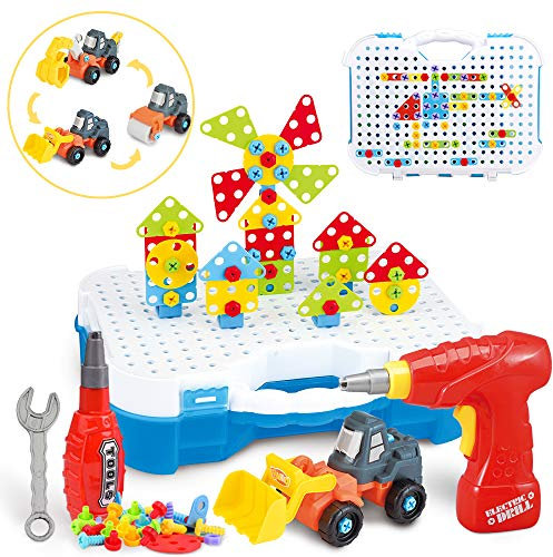 Mosaik Steckspiel für Kinder 3 4 5 Jahre, Montessori Mosaik Spielzeug mit Bohrmaschine,Konstruktion Spielzeug Demontierbares Baufahrzeug, 3D Puzzle Werkzeugkasten(325 Stücke)