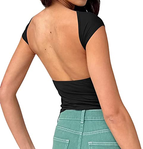 Geagodelia Damen Sexy Rückenfreies Oberteil Y2k Fashion Backless Top Crop Top Cut Out T-Shirt Bluse Sommer Clothes Outfit Aesthetic (A - Schwarz, S)