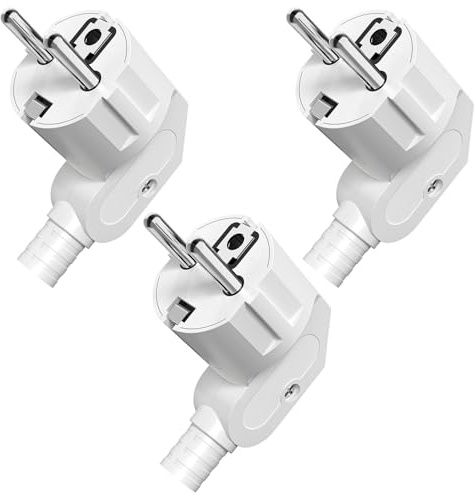 Schuko Stecker, Stecker 250V, Stromstecker mit Zugentlastung, Schutzkontakt-Stecker mit Knickschutztülle, Spritzwassergeschützt und Langlebig, IP20, Bruchfest, Weiß - 3 Stücke White