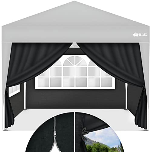 tillvex® 4X Pavillon Seitenteile 3x3m Wasserdicht, Stabil & Winterfest | Faltpavillon Seitenwand mit Reißverschluss, Bändern & Fenster | Seitenwände für Gartenzelt Partyzelt Festzelt UV Schutz 50+