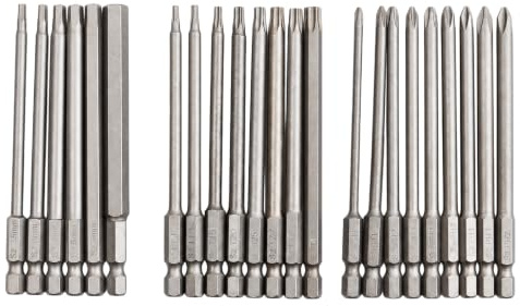 23-teilig Bit-Set Lang 100 mm, 1/4-Zoll Sechskant-Schaft Magnetisch | 16 Größen Torx T8-T40 + Hex 2,5-8 mm + PH1 PH2, für Akkuschrauber