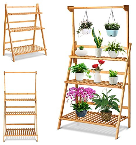 Pflanzenständer Bambus, Blumenständer mit 3 Ebenen, Pflanzenregal mit Hängestange, klappbar Blumenregal Pflanzenregal Blumentreppe Pflanzentreppe für Balkon, Terrasse, Garten