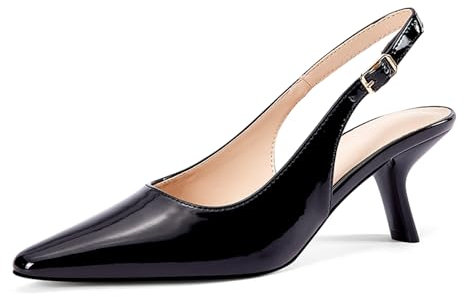 GENSHUO Slingback pumps för kvinnor med kattunge – Charmiga klädskor med spetstår och 6 cm klack i svart/silver/fuchsia av lackläder och mocka., Svart lackläder, 36 EU