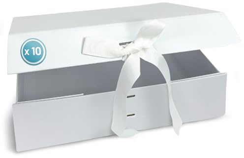 Verpackungswelt Geschenk-Box mit Deckel | 31 x 22 x 10 cm | Magnet-Verschluss & edle Schleife | Hochzeit, Geburt, Einzug | 10er Pack | Weiß