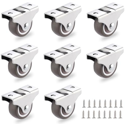 8Pcs 1 Inch Mini Caster Wheels Low Profile, Little Rubber Wheels Steel Plate Casters, Small Rigid Fixed Non Swivel Rolling Casters for Furniture,Under Bed Storage Drawers (One-Directional)