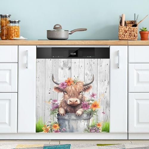 Graziosa mucca delle Highland con fiori rosa, copertura per lavastoviglie con pannello frontale magnetico per lavastoviglie sporca, decorazione per frigorifero, elettrodomestico da cucina, 58 x 66 cm