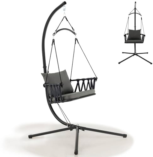 SFAREST Patio Hanging Chair with Stand, Metal Frame Swing Chair with Soft Seat and Back Cushion, Woven Garden Hammock Chair for Indoor Outdoor