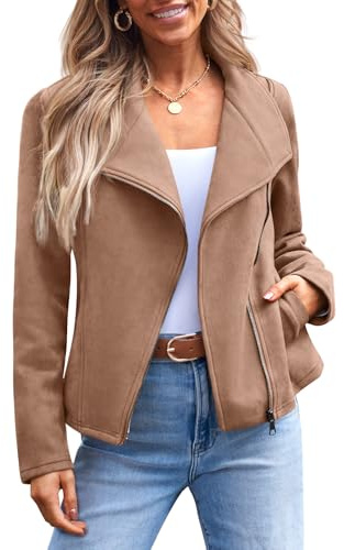 AUTOMET Women‘s Faux Suede Leather Jacket, Cropped Open Front Coat for Fall Winter Spring, Cardigan Style Camel L