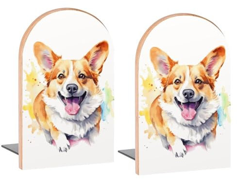 Bunte Corgi Hunde-Buchstützen, dekorative Holz-Buchstützen für Regale, Kinderzimmer, Schreibtisch, Heimbüro, Buchstopper für Zeitschriften, Bücher, DVDs, 1 Paar/2 Stück (12,7 x 7,9 cm)