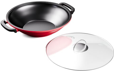 ToCi Wok Antiaderente, Professionale Rivestito di Smalto, Padella Wok Antiaderente con Coperchio e Manici, Padella Induzione per Piani a Induzione, Ceramica, Gas, Fornelli e Forno Elettrici