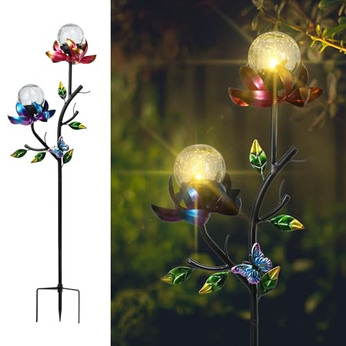 Decorative Solar Garden Light, Flower Glass Globe Stake For Lawn Yard