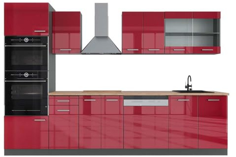 Vicco Küchenzeile R-Line, Rot Hochglanz, 300 cm