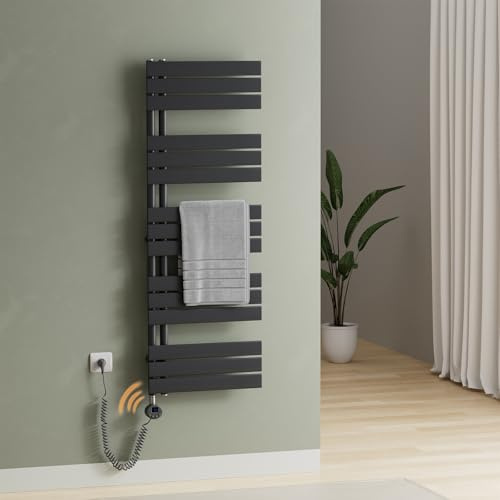 S'AFIELINA Smart WiFi Badheizkörper elektrisch 1320×500mm – Elektrischer Handtuchheizkörper mit Thermostat, 7×24 h Timer, LCD, Flachrohre, seitliche Handtuchhalterung, Anthrazit, 800 W