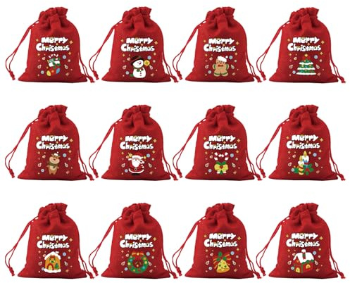 Lvjkes 12 Stück Geschenktüten Weihnachten, Weihnachtstüten, 10x14cm Leinenimitat Weihnachten Drawstring Taschen, Buntes weihnachtliches Cartoon-Muster für zum Verpacken von Süßigkeiten, Snacks (Rot)