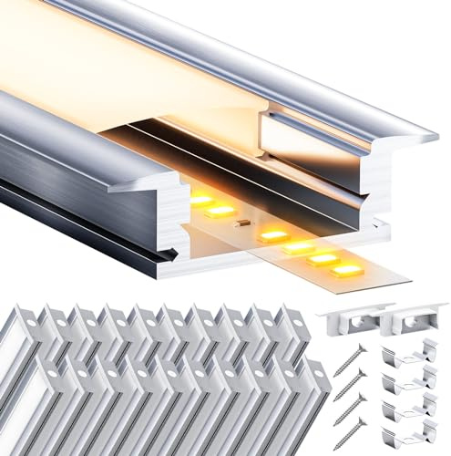 Aluminiumprofil für LED-Streifen Lichtleiste, 20 x 2 m (insgesamt 40 Meter), mit opalförmiger Diffusorabdeckung und Montagezubehör, geeignet für Einbau in Gipskartonplatten und Wänden.