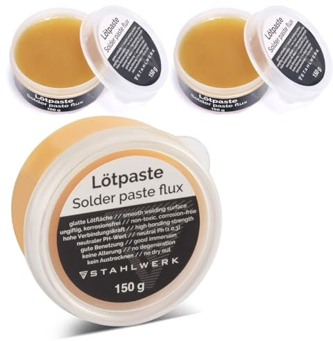 Die STAHLWERK 3 x Lötpaste in der wirtschaftliches 150 g Dose sorgt für eine glatte Lötfläche und dank des integrierten Flussmittels für sauberes und effizientes Arbeiten beim Löten.