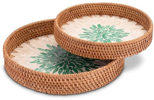 Decorasian Vintage Tablett aus Rattan mit Muschel Mosaik – Dekotablett und Serviertablett mit Griff im Boho Stil - 2er Set rund